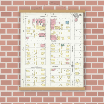 Old map wall art mockup — magnetic wood frame on brick wall — Sanborn Fire Insurance Map from Monticello, White County, Indiana (1909), Sheet #0005