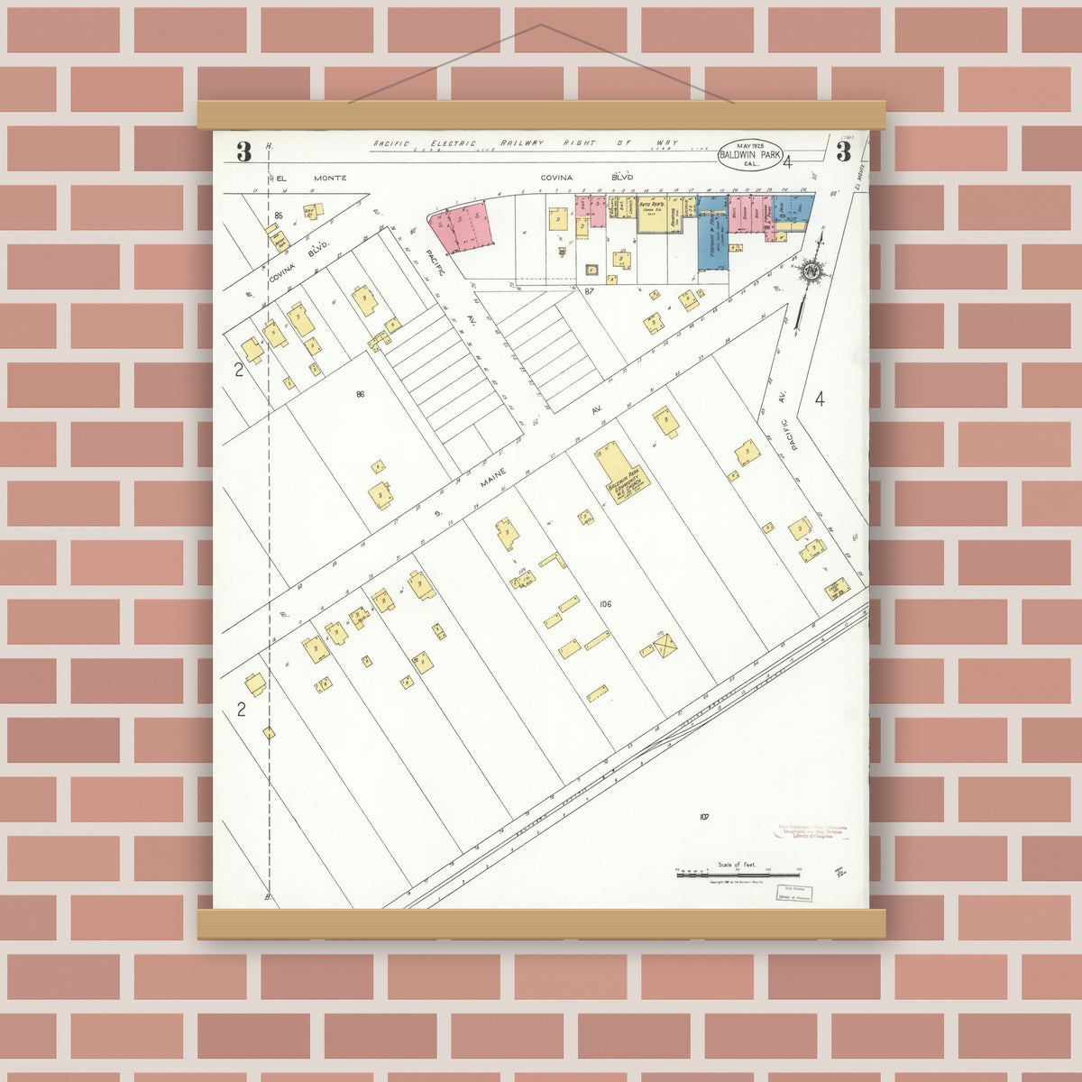 Old map wall art mockup — magnetic wood frame on brick wall — Sanborn Fire Insurance Map from Baldwin Park, Los Angeles County, California (1925), Sheet #0003