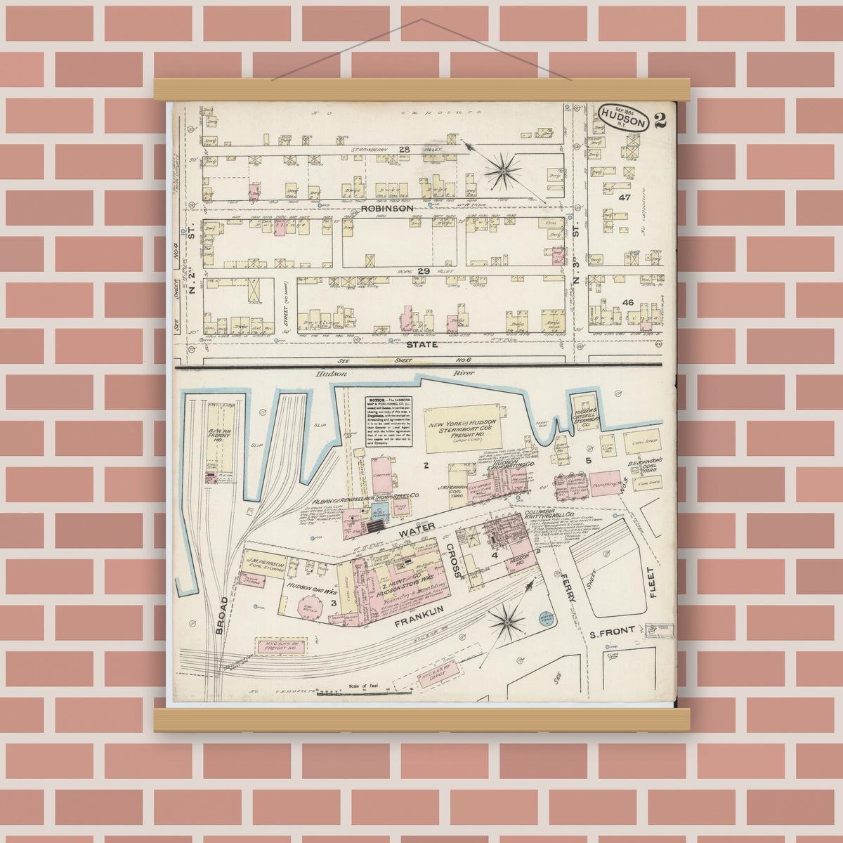 Old map wall art mockup — magnetic wood frame on brick wall — Sanborn Fire Insurance Map from Hudson, Columbia County, New York (1884) - Complete Map Set
