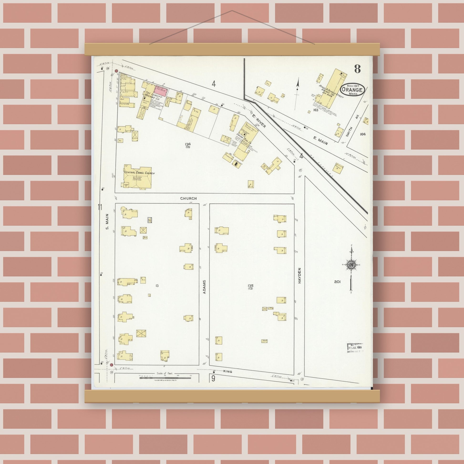 Old map wall art mockup — magnetic wood frame on brick wall — Sanborn Fire Insurance Map from Orange, Franklin County, Massachusetts (1917), Sheet #0008
