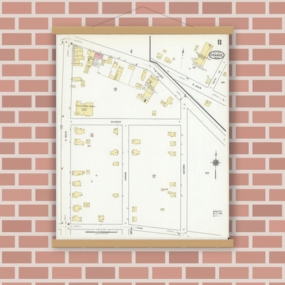 Old map wall art mockup — magnetic wood frame on brick wall — Sanborn Fire Insurance Map from Orange, Franklin County, Massachusetts (1917), Sheet #0008