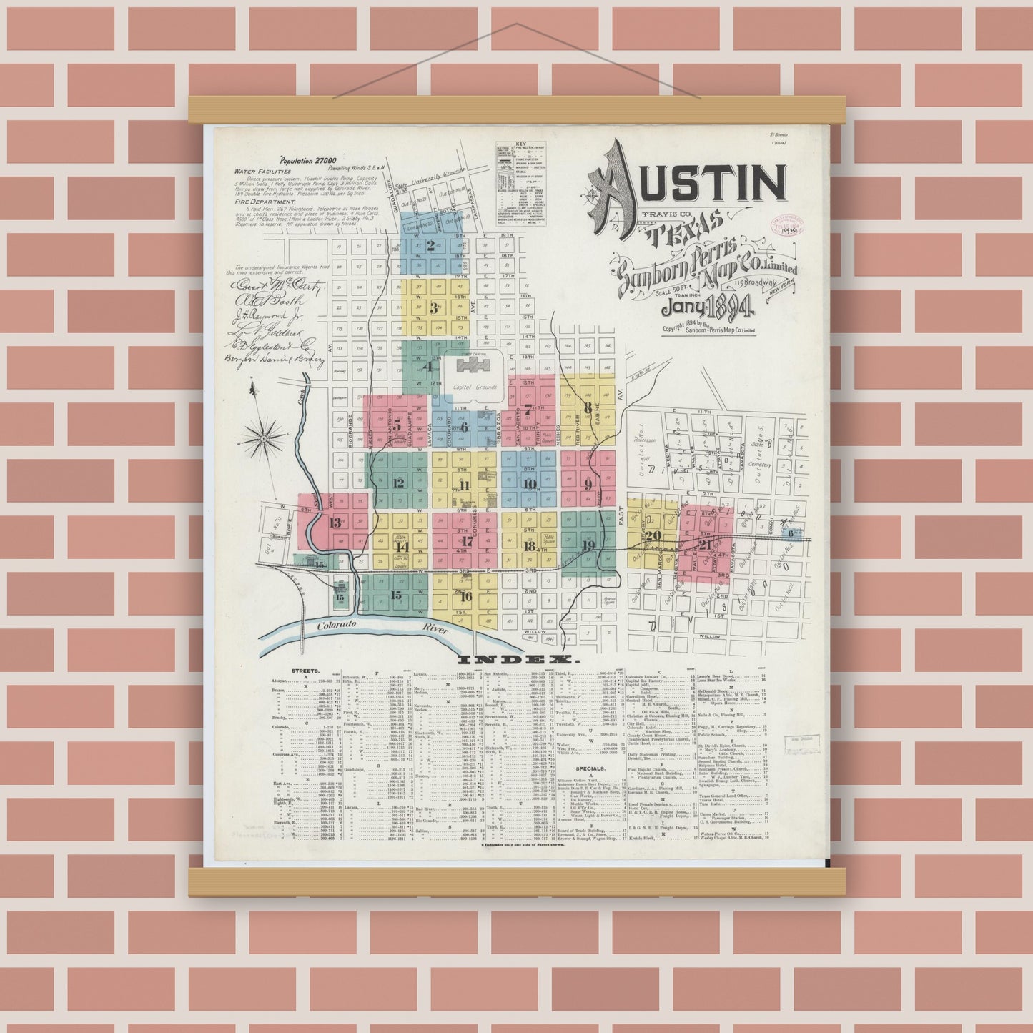 Old map wall art mockup — magnetic wood frame on brick wall — Sanborn Fire Insurance Map from Austin, Travis County, Texas (1894), Sheet #0001