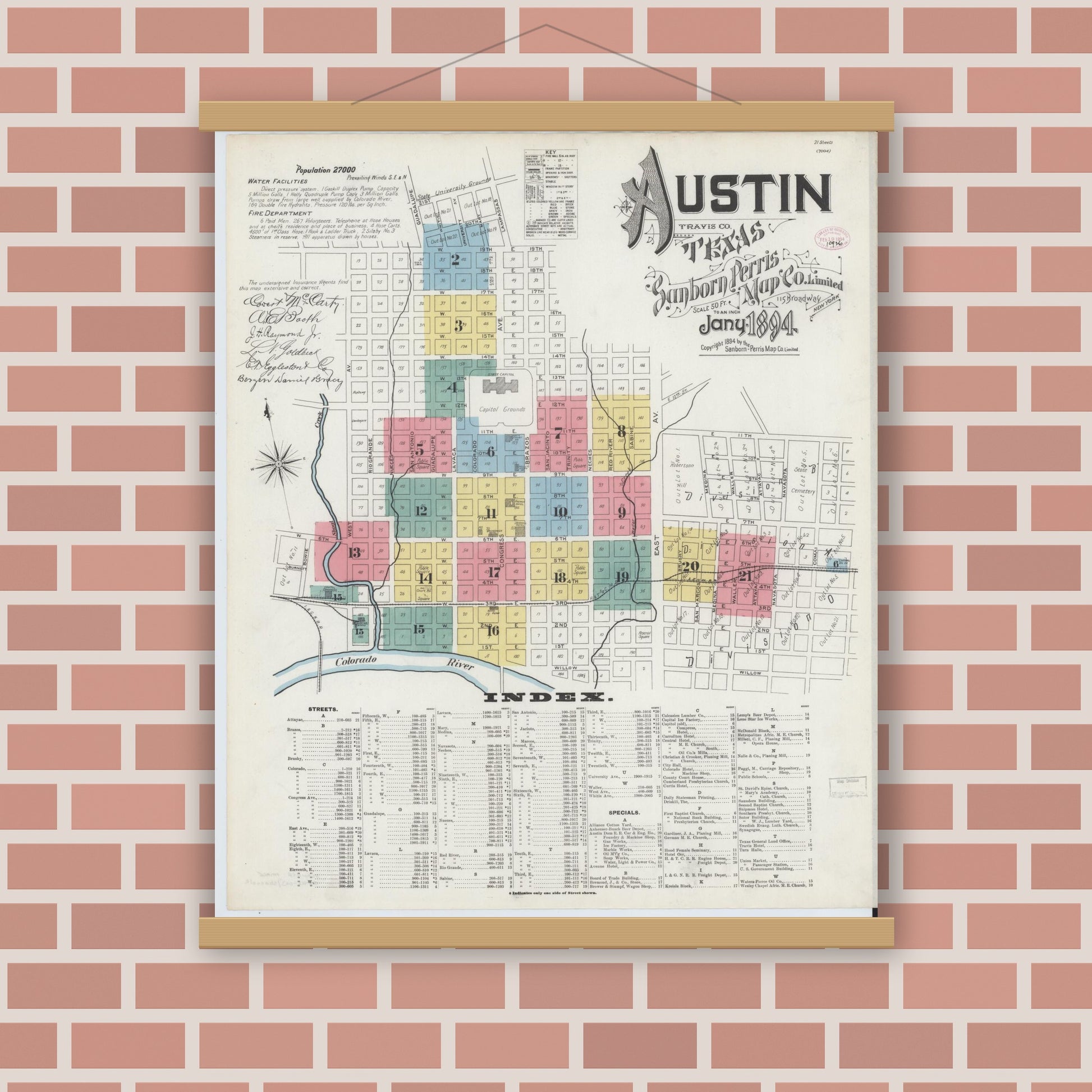 Old map wall art mockup — magnetic wood frame on brick wall — Sanborn Fire Insurance Map from Austin, Travis County, Texas (1894), Sheet #0001