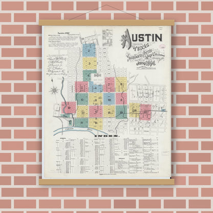 Old map wall art mockup — magnetic wood frame on brick wall — Sanborn Fire Insurance Map from Austin, Travis County, Texas (1894), Sheet #0001