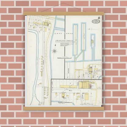 Old map wall art mockup — magnetic wood frame on brick wall — Sanborn Fire Insurance Map from Oscoda, Iosco County, Michigan (1895), Sheet #0008