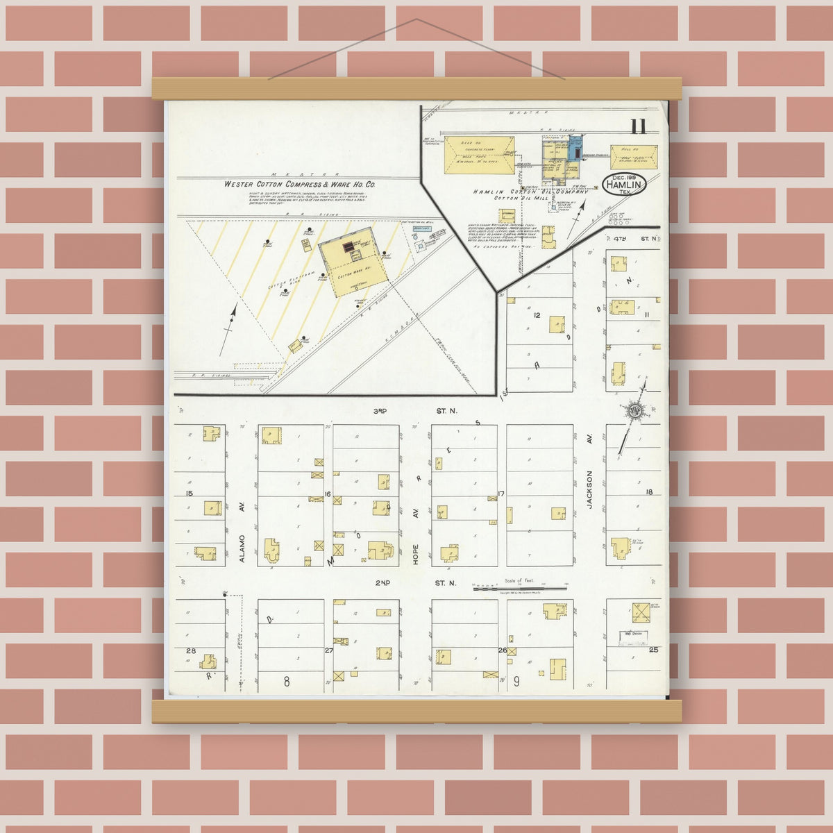 Old map wall art mockup — magnetic wood frame on brick wall — Sanborn Fire Insurance Map from Hamlin, Jones County, Texas (1919), Sheet #0011