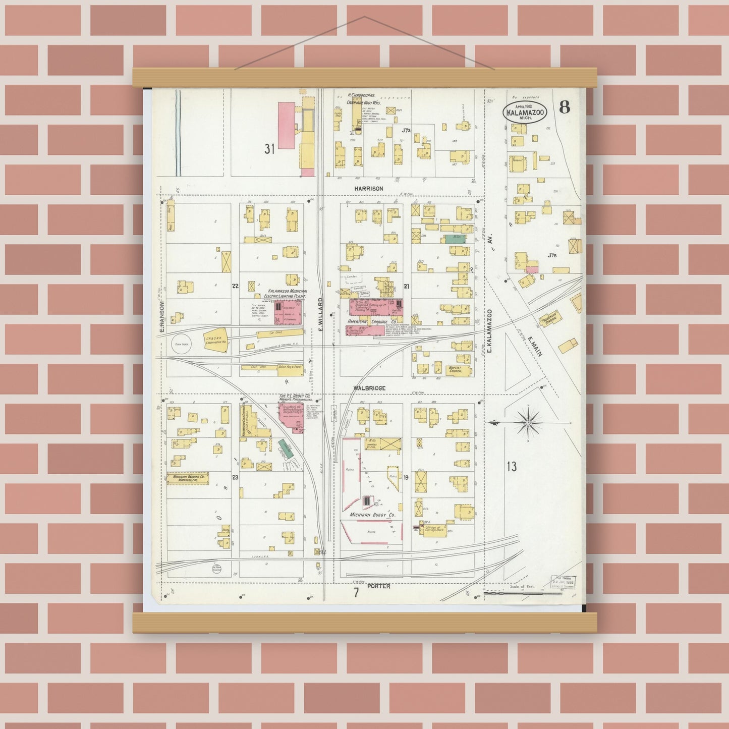 Old map wall art mockup — magnetic wood frame on brick wall — Sanborn Fire Insurance Map from Kalamazoo, Kalamazoo County, Michigan (1902), Sheet #0008