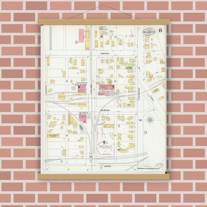 Old map wall art mockup — magnetic wood frame on brick wall — Sanborn Fire Insurance Map from Kalamazoo, Kalamazoo County, Michigan (1902), Sheet #0008