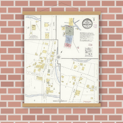 Old map wall art mockup — magnetic wood frame on brick wall — Sanborn Fire Insurance Map from Boulder Creek, Santa Cruz County, California (1908), Sheet #0001