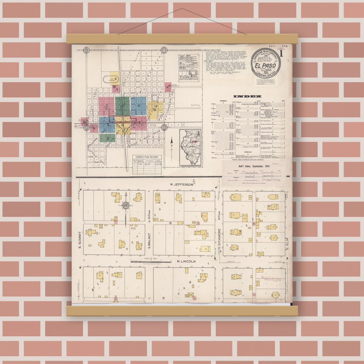 Old map wall art mockup — magnetic wood frame on brick wall — Sanborn Fire Insurance Map from El Paso, Woodford County, Illinois (1941), Sheet #0001