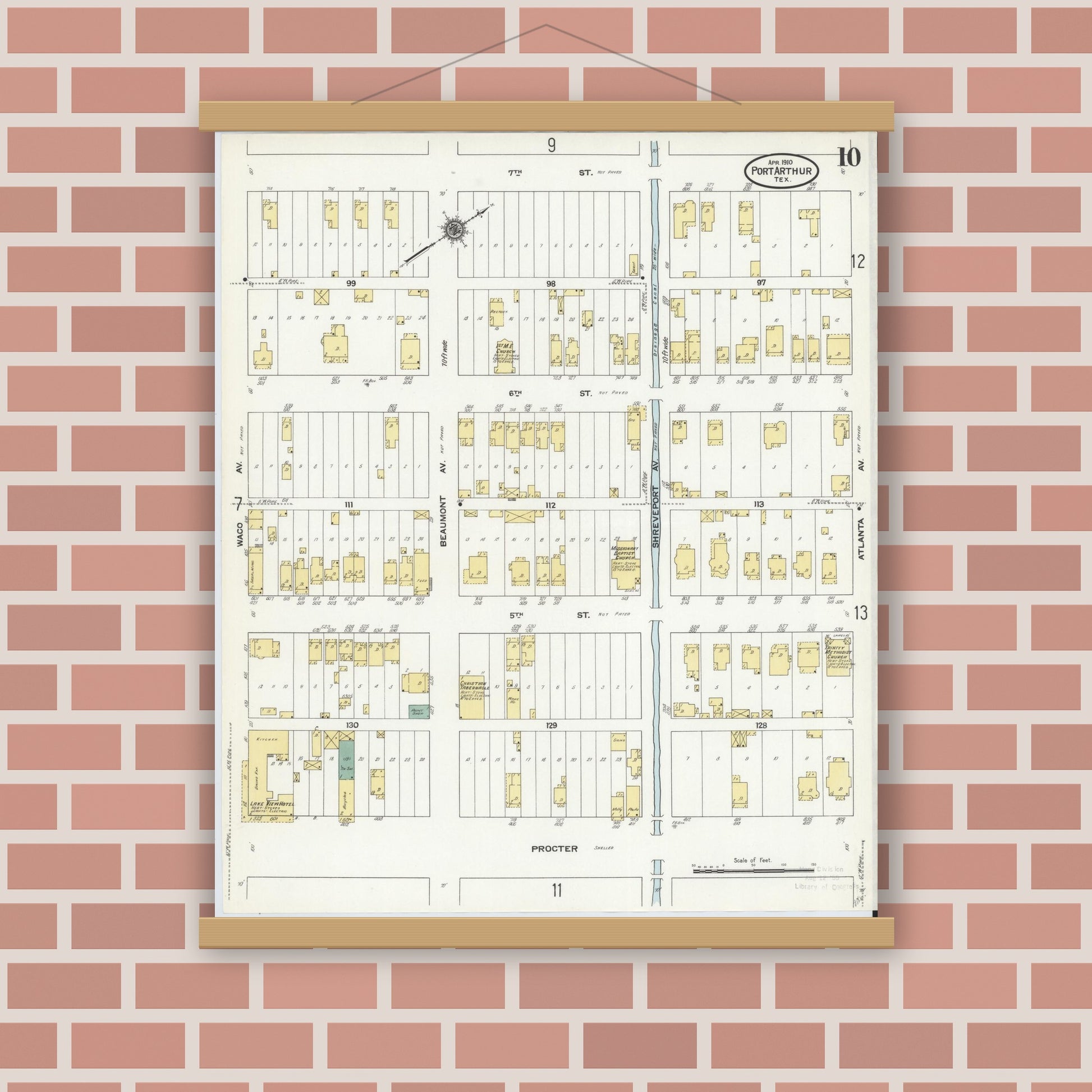 Old map wall art mockup — magnetic wood frame on brick wall — Sanborn Fire Insurance Map from Port Arthur, Jefferson County, Texas (1910), Sheet #0010