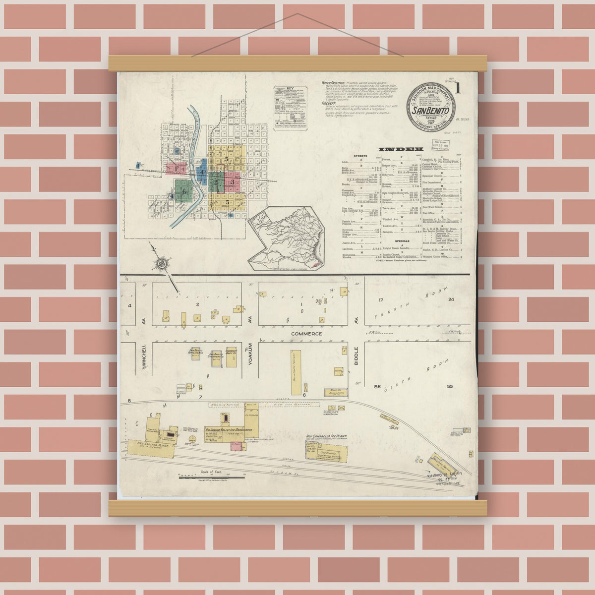 Old map wall art mockup — magnetic wood frame on brick wall — Sanborn Fire Insurance Map from San Benito, Cameron County, Texas (1917), Sheet #0001