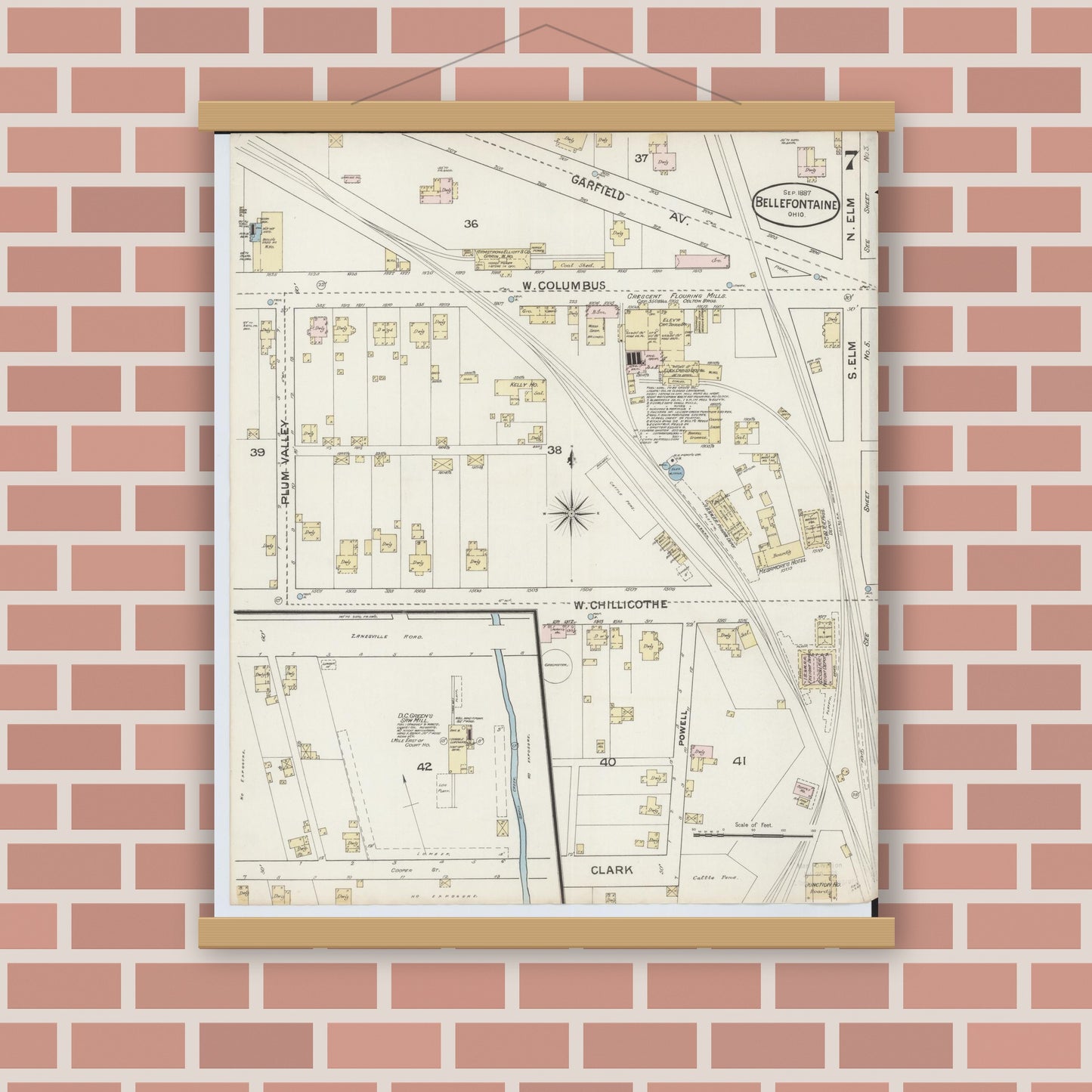 Old map wall art mockup — magnetic wood frame on brick wall — Sanborn Fire Insurance Map from Bellefontaine, Logan County, Ohio (1887), Sheet #0007