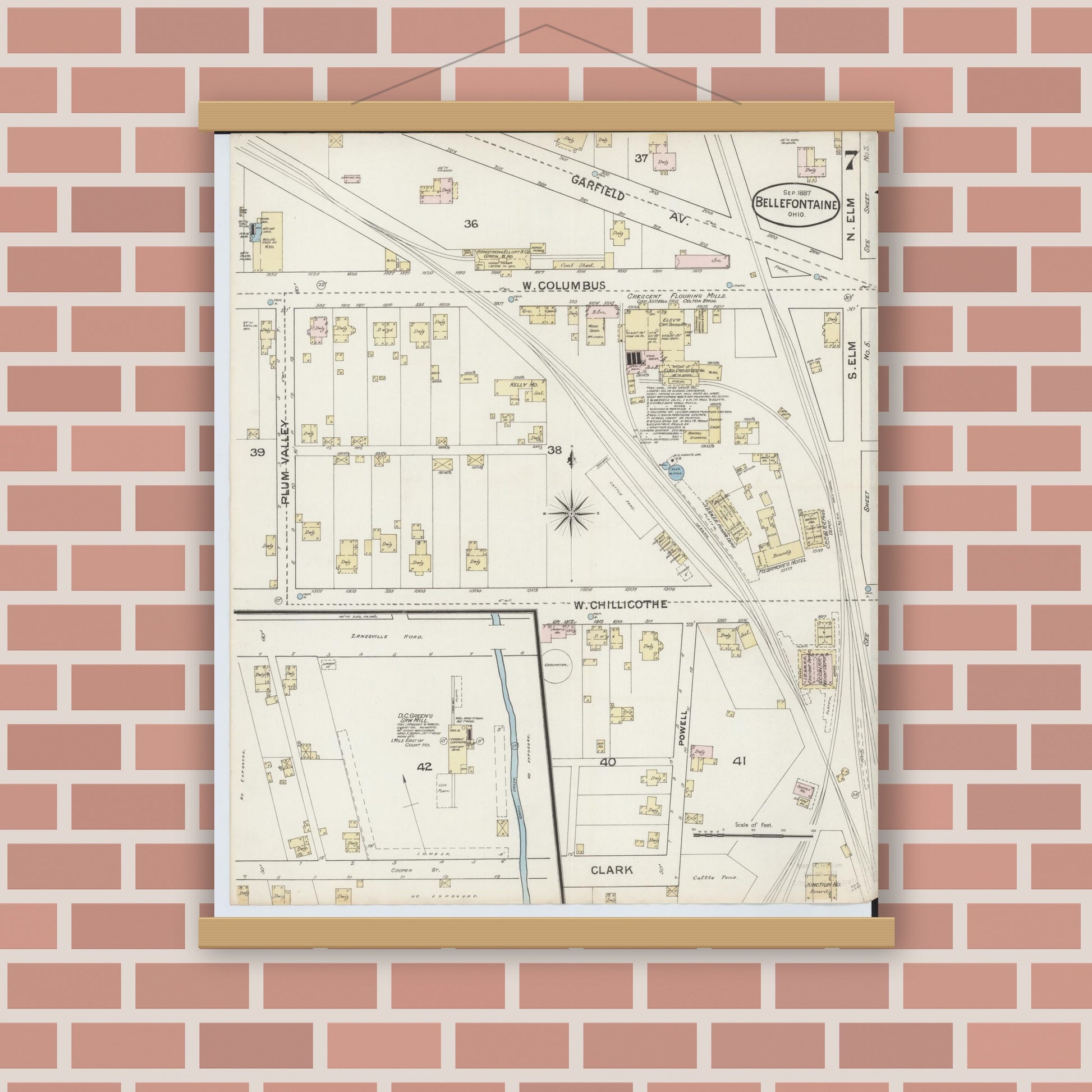 Old map wall art mockup — magnetic wood frame on brick wall — Sanborn Fire Insurance Map from Bellefontaine, Logan County, Ohio (1887), Sheet #0007