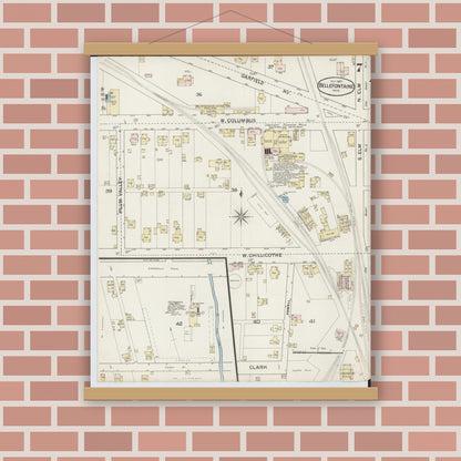 Old map wall art mockup — magnetic wood frame on brick wall — Sanborn Fire Insurance Map from Bellefontaine, Logan County, Ohio (1887), Sheet #0007