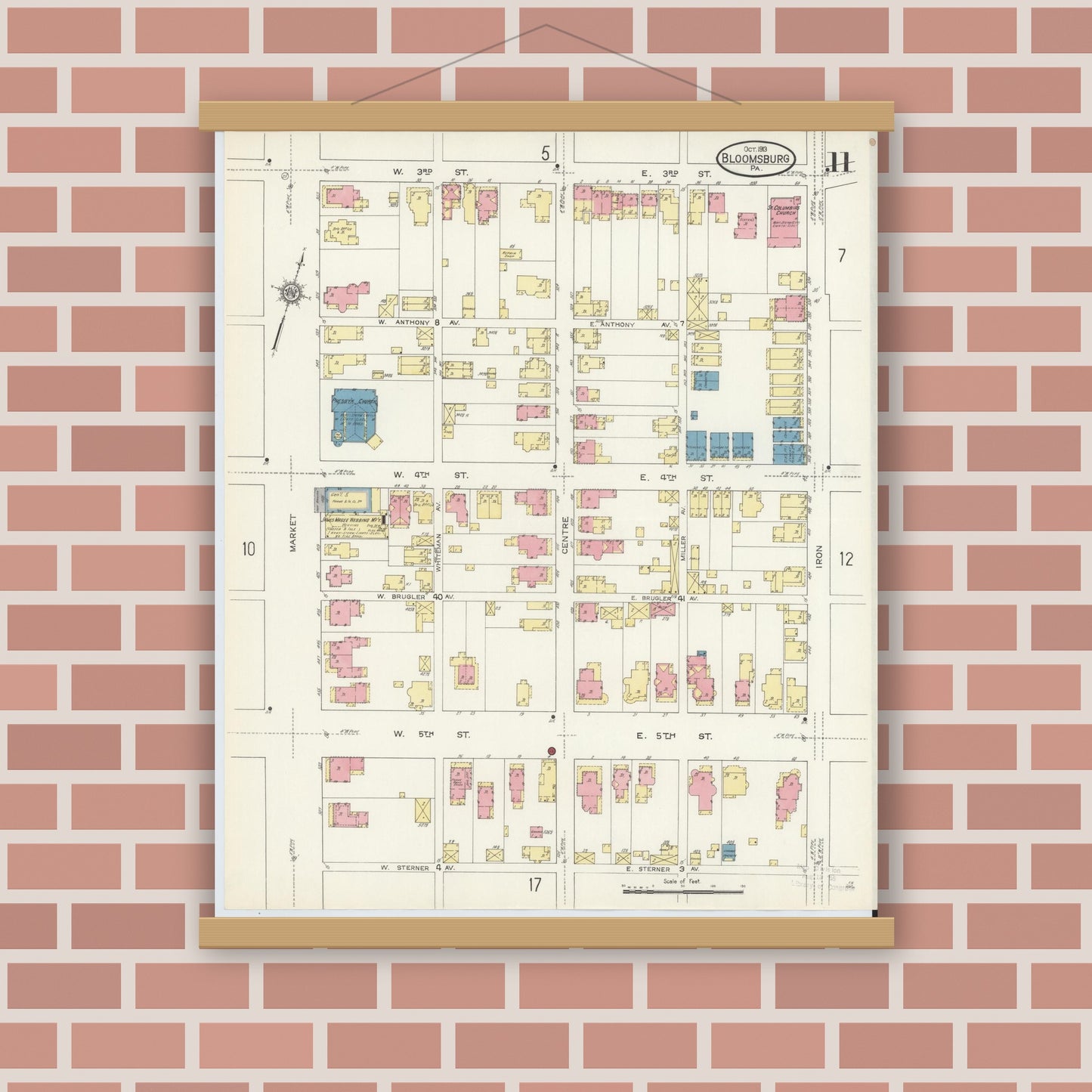 Old map wall art mockup — magnetic wood frame on brick wall — Sanborn Fire Insurance Map from Bloomsburg, Columbia County, Pennsylvania (1913), Sheet #0011