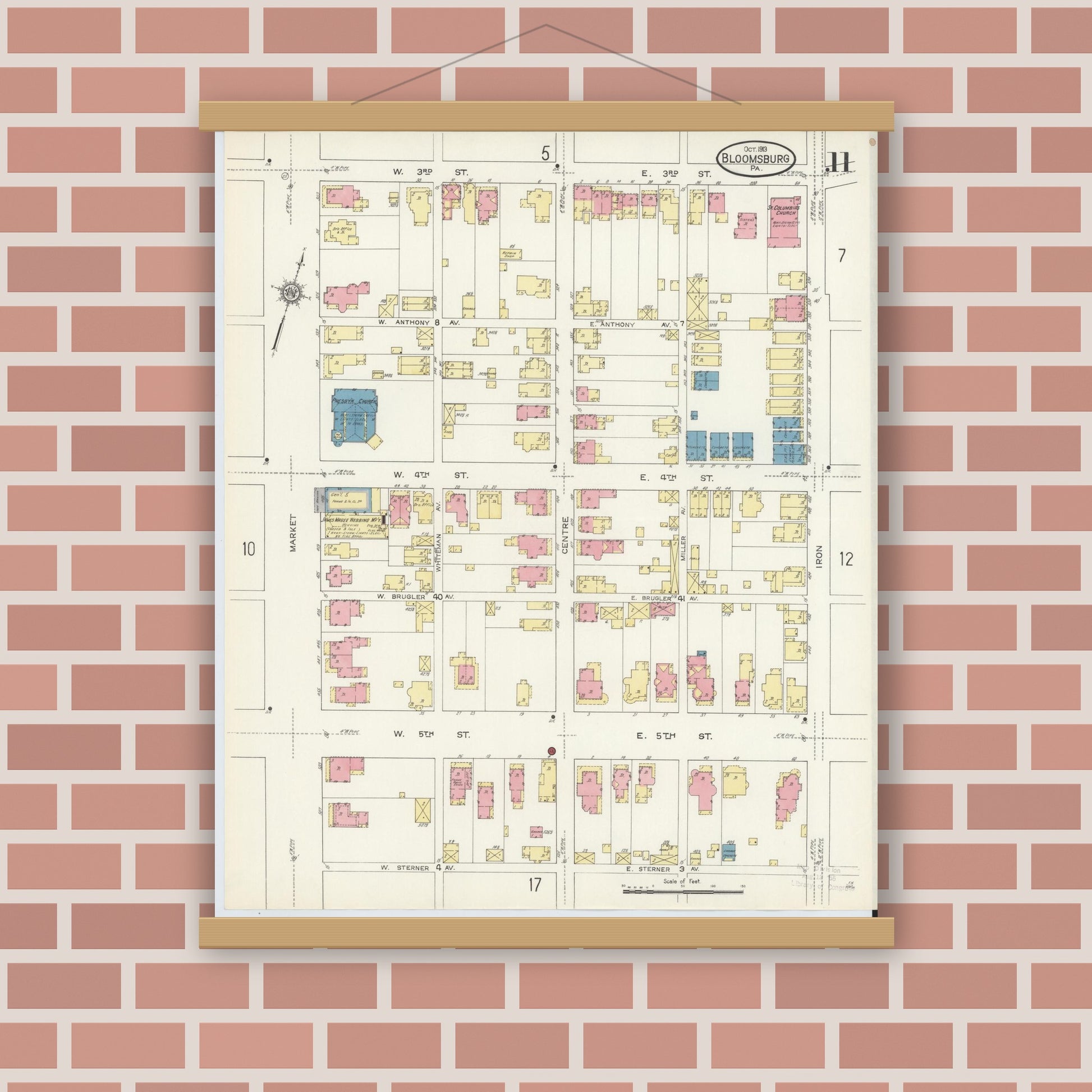 Old map wall art mockup — magnetic wood frame on brick wall — Sanborn Fire Insurance Map from Bloomsburg, Columbia County, Pennsylvania (1913), Sheet #0011