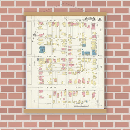 Old map wall art mockup — magnetic wood frame on brick wall — Sanborn Fire Insurance Map from Bloomsburg, Columbia County, Pennsylvania (1913), Sheet #0011