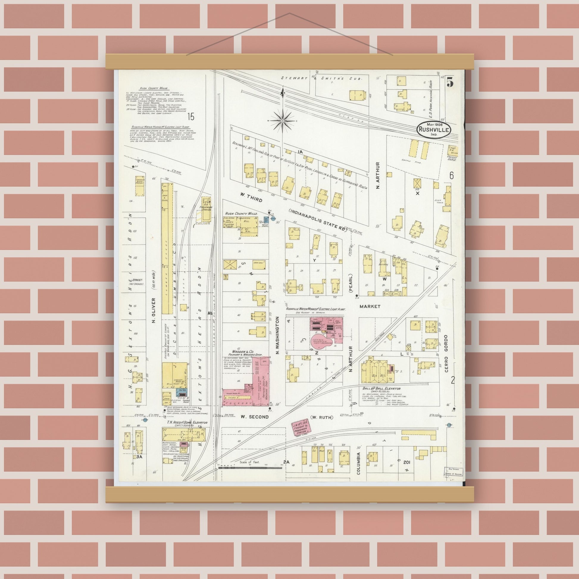 Old map wall art mockup — magnetic wood frame on brick wall — Sanborn Fire Insurance Map from Rushville, Rush County, Indiana (1908), Sheet #0005