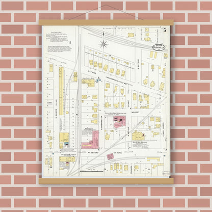 Old map wall art mockup — magnetic wood frame on brick wall — Sanborn Fire Insurance Map from Rushville, Rush County, Indiana (1908), Sheet #0005
