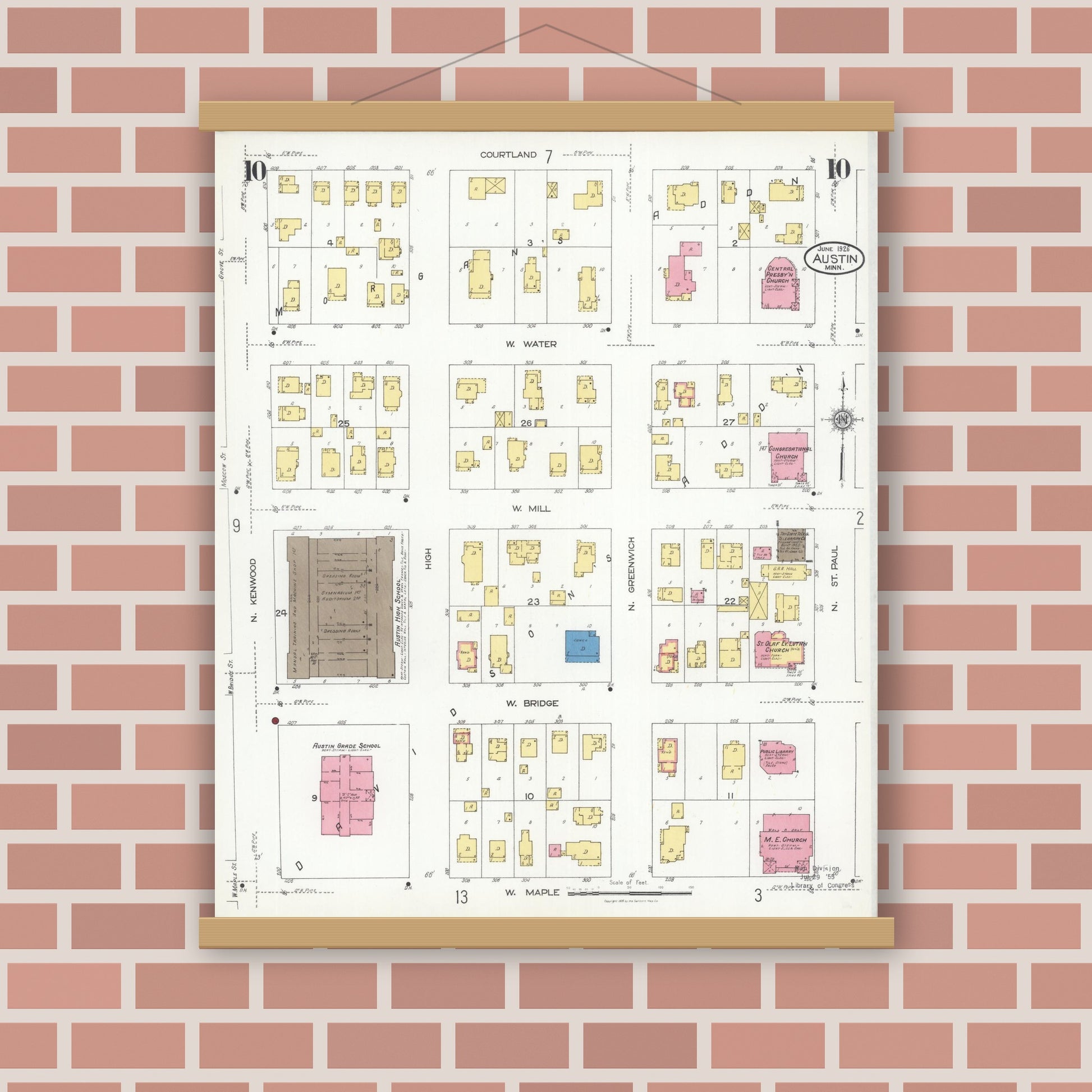 Old map wall art mockup — magnetic wood frame on brick wall — Sanborn Fire Insurance Map from Austin, Mower County, Minnesota (1926), Sheet #0010
