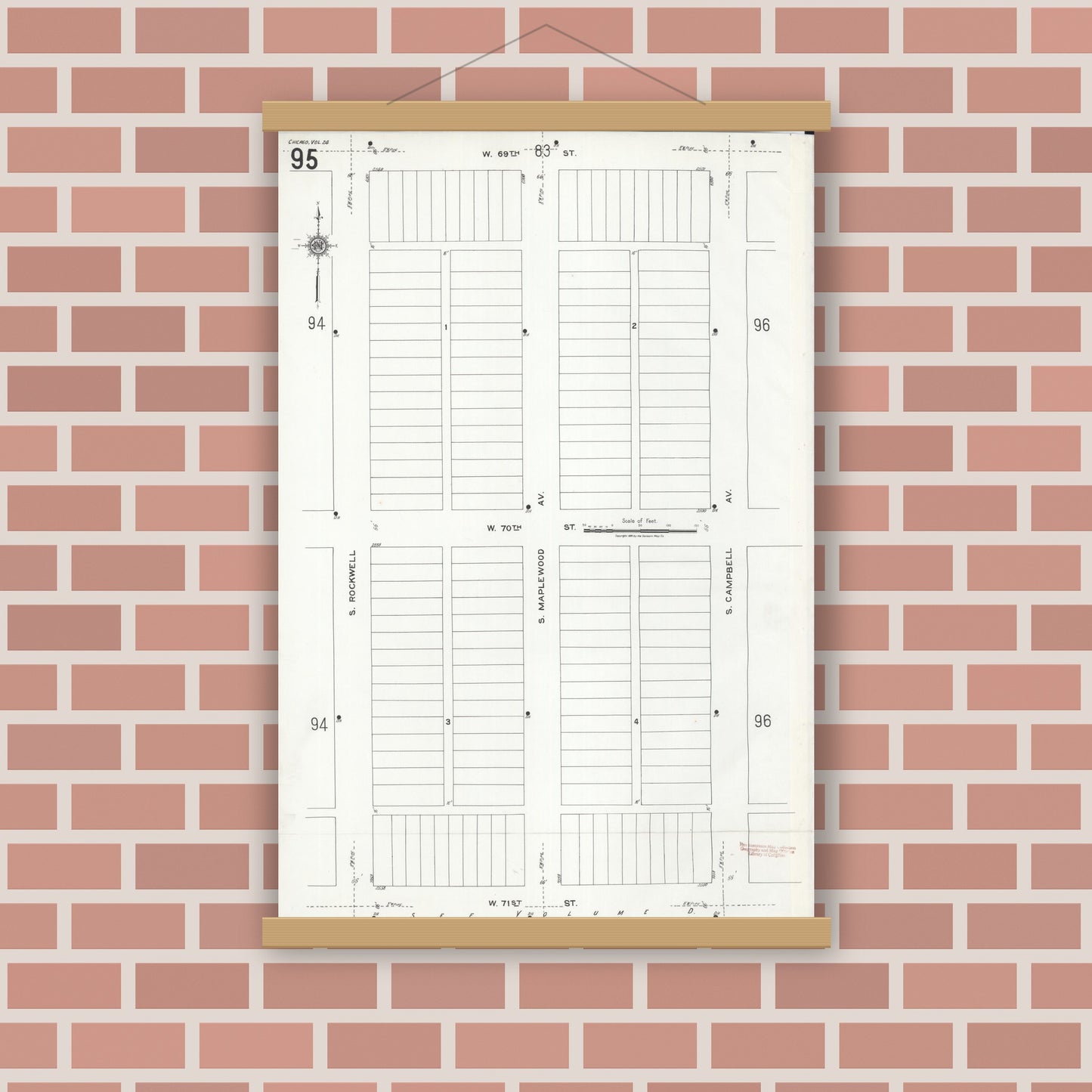 Old map wall art mockup — magnetic wood frame on brick wall — Sanborn Fire Insurance Map from Chicago, Cook County, Illinois (1920), Sheet #0095