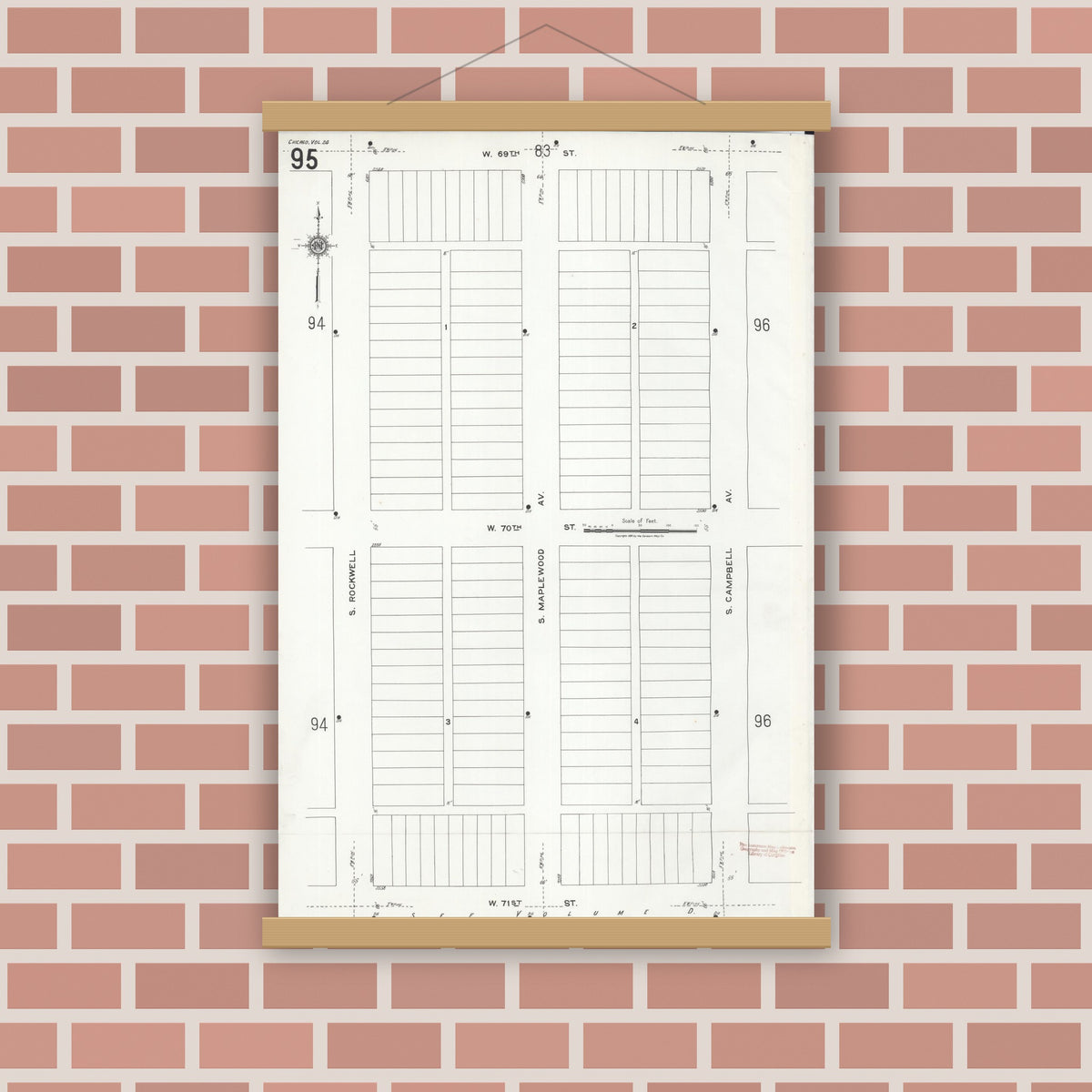 Old map wall art mockup — magnetic wood frame on brick wall — Sanborn Fire Insurance Map from Chicago, Cook County, Illinois (1920), Sheet #0095