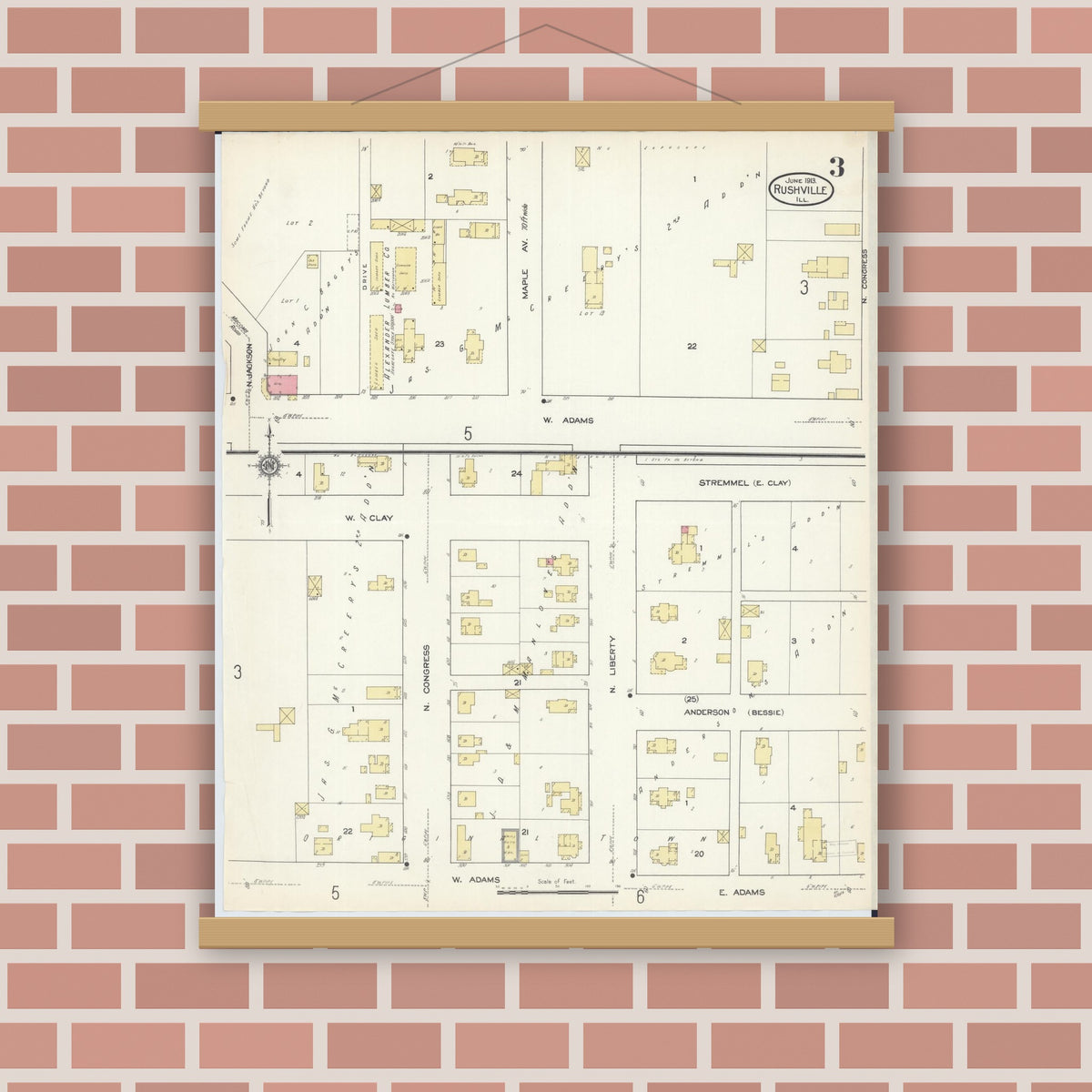 Old map wall art mockup — magnetic wood frame on brick wall — Sanborn Fire Insurance Map from Rushville, Schuyler County, Illinois (1913), Sheet #0003