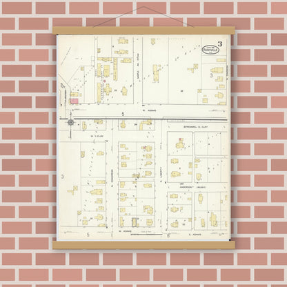 Old map wall art mockup — magnetic wood frame on brick wall — Sanborn Fire Insurance Map from Rushville, Schuyler County, Illinois (1913), Sheet #0003