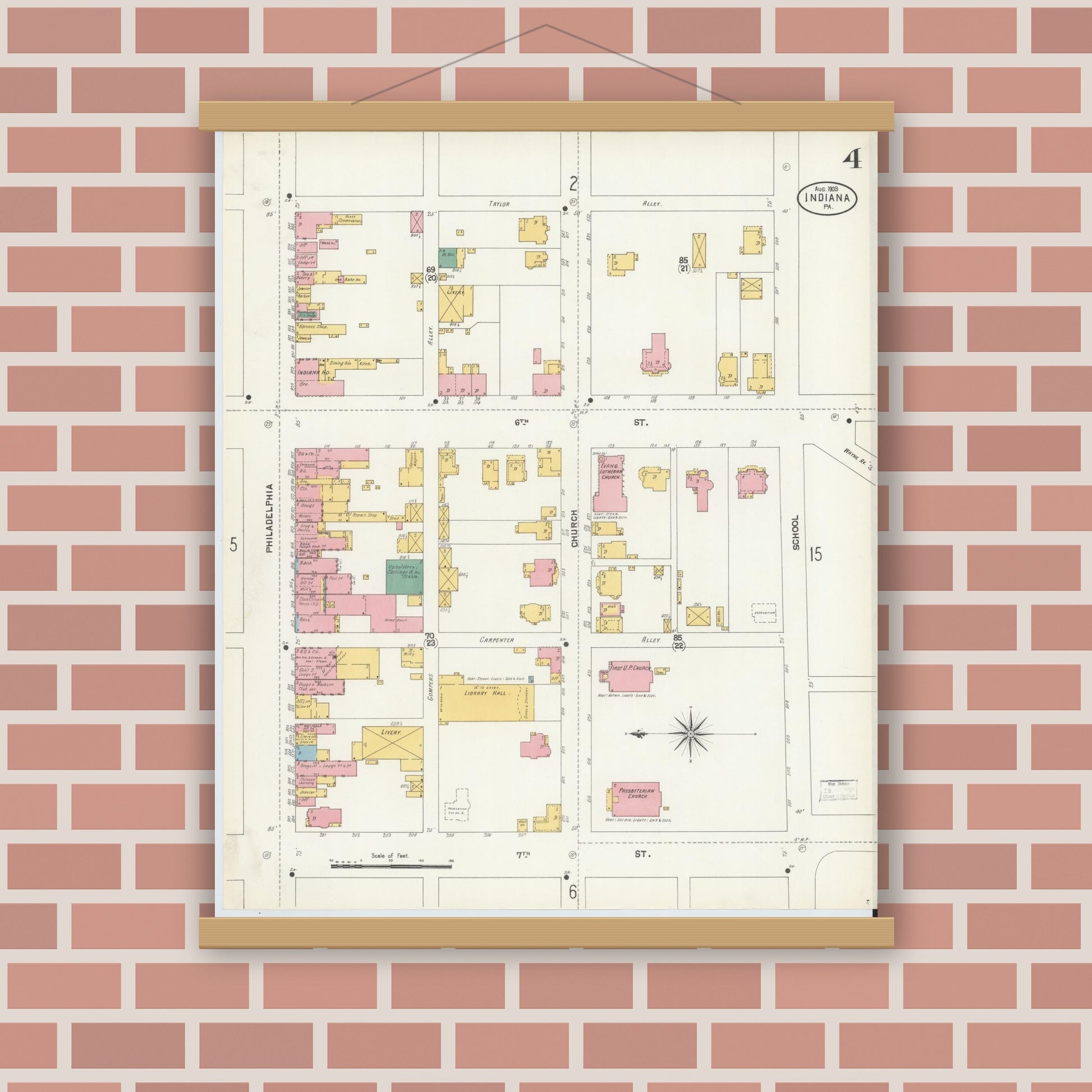 Old map wall art mockup — magnetic wood frame on brick wall — Sanborn Fire Insurance Map from Indiana, Indiana County, Pennsylvania (1903), Sheet #0004
