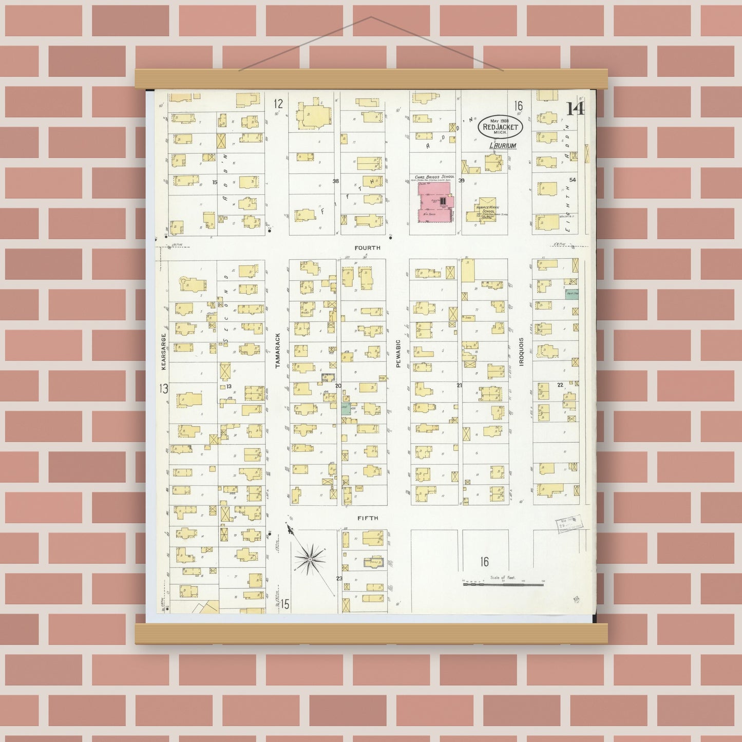 Old map wall art mockup — magnetic wood frame on brick wall — Sanborn Fire Insurance Map from Red Jacket, Houghton County, Michigan (1908), Sheet #0014