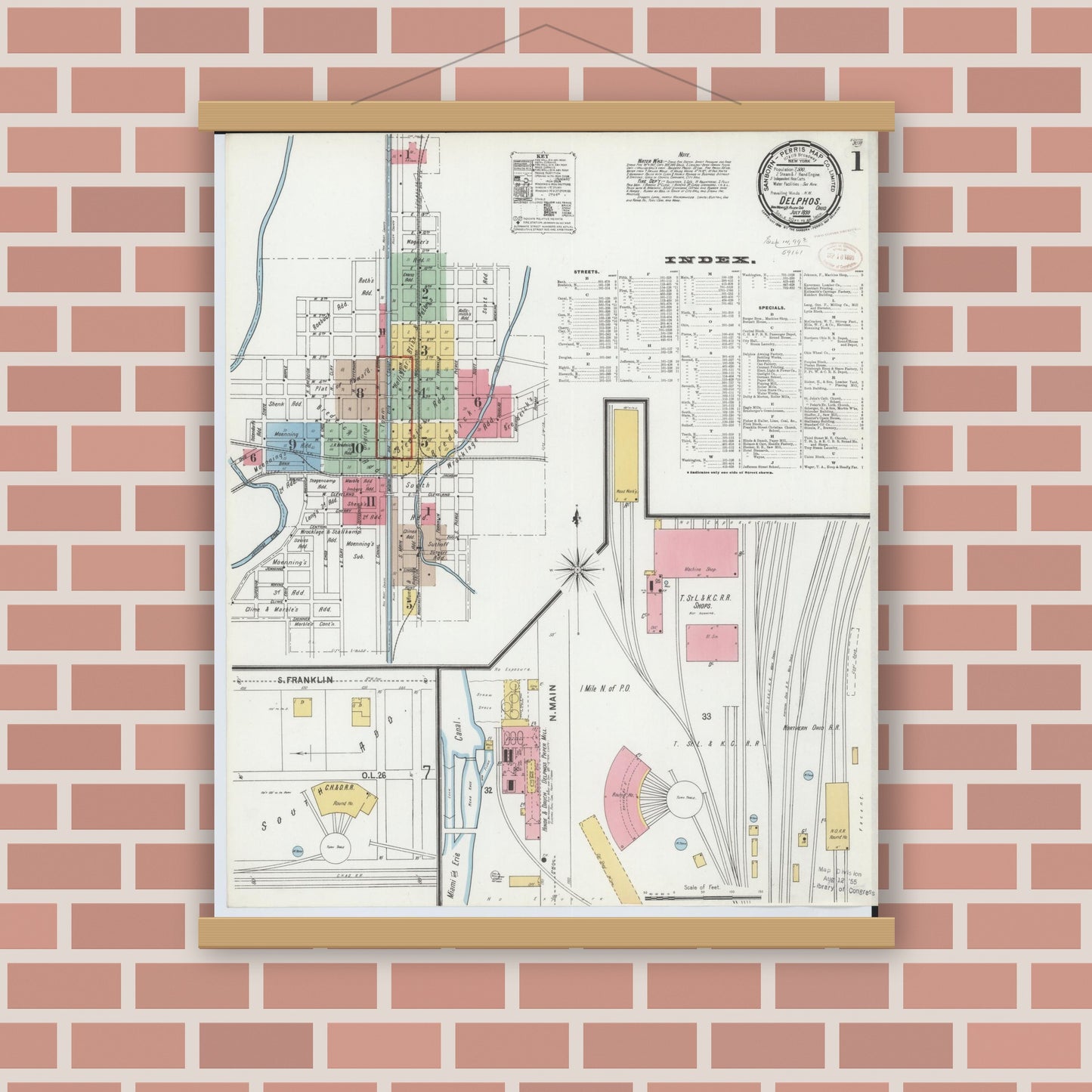 Old map wall art mockup — magnetic wood frame on brick wall — Sanborn Fire Insurance Map from Delphos, Van Wert And Allen Counties, Ohio (1899), Sheet #0001