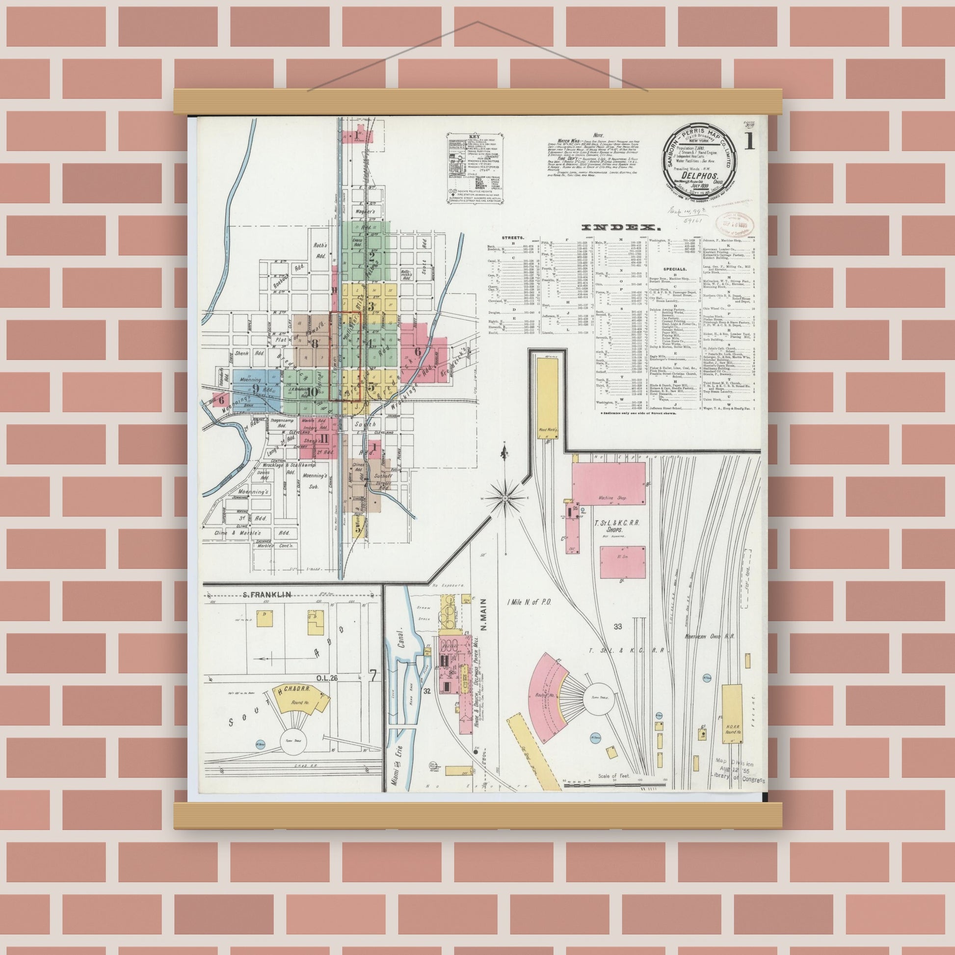 Old map wall art mockup — magnetic wood frame on brick wall — Sanborn Fire Insurance Map from Delphos, Van Wert And Allen Counties, Ohio (1899), Sheet #0001