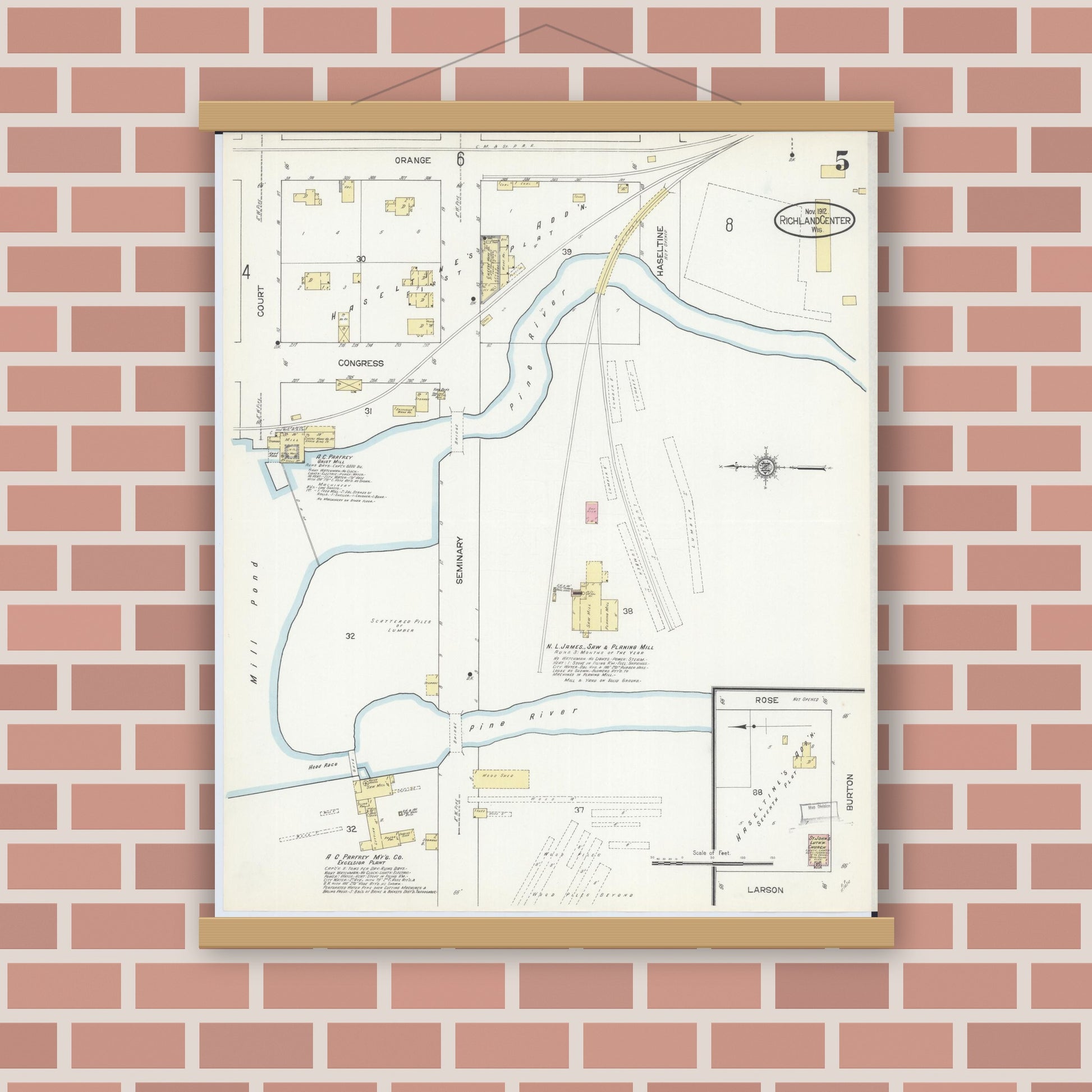 Old map wall art mockup — magnetic wood frame on brick wall — Sanborn Fire Insurance Map from Richland Center, Richland County, Wisconsin (1912), Sheet #0005