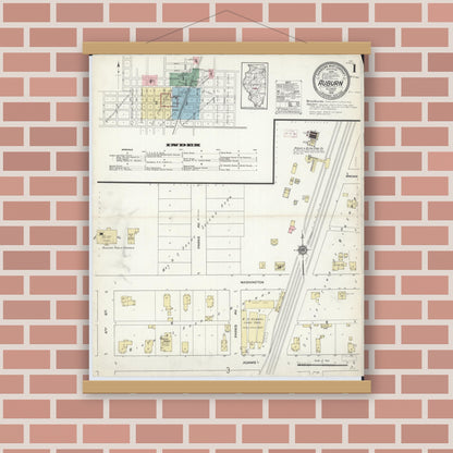 Old map wall art mockup — magnetic wood frame on brick wall — Sanborn Fire Insurance Map from Auburn, Sangamon County, Illinois (1914), Sheet #0001