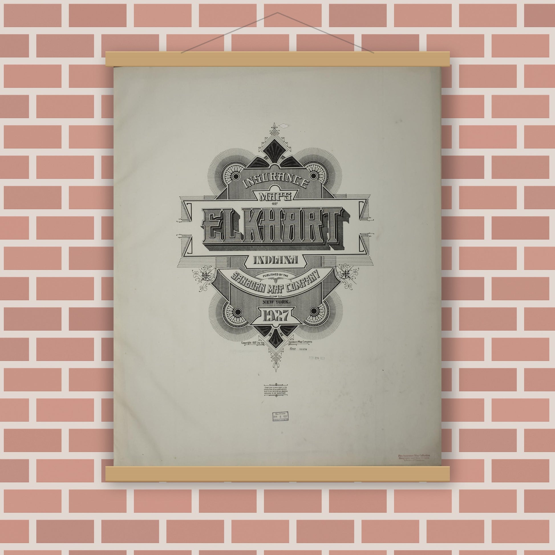 Old map wall art mockup — magnetic wood frame on brick wall — Sanborn Fire Insurance Map from Elkhart, Elkhart County, Indiana (1927), Sheet #0001