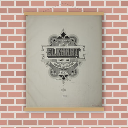 Old map wall art mockup — magnetic wood frame on brick wall — Sanborn Fire Insurance Map from Elkhart, Elkhart County, Indiana (1927), Sheet #0001