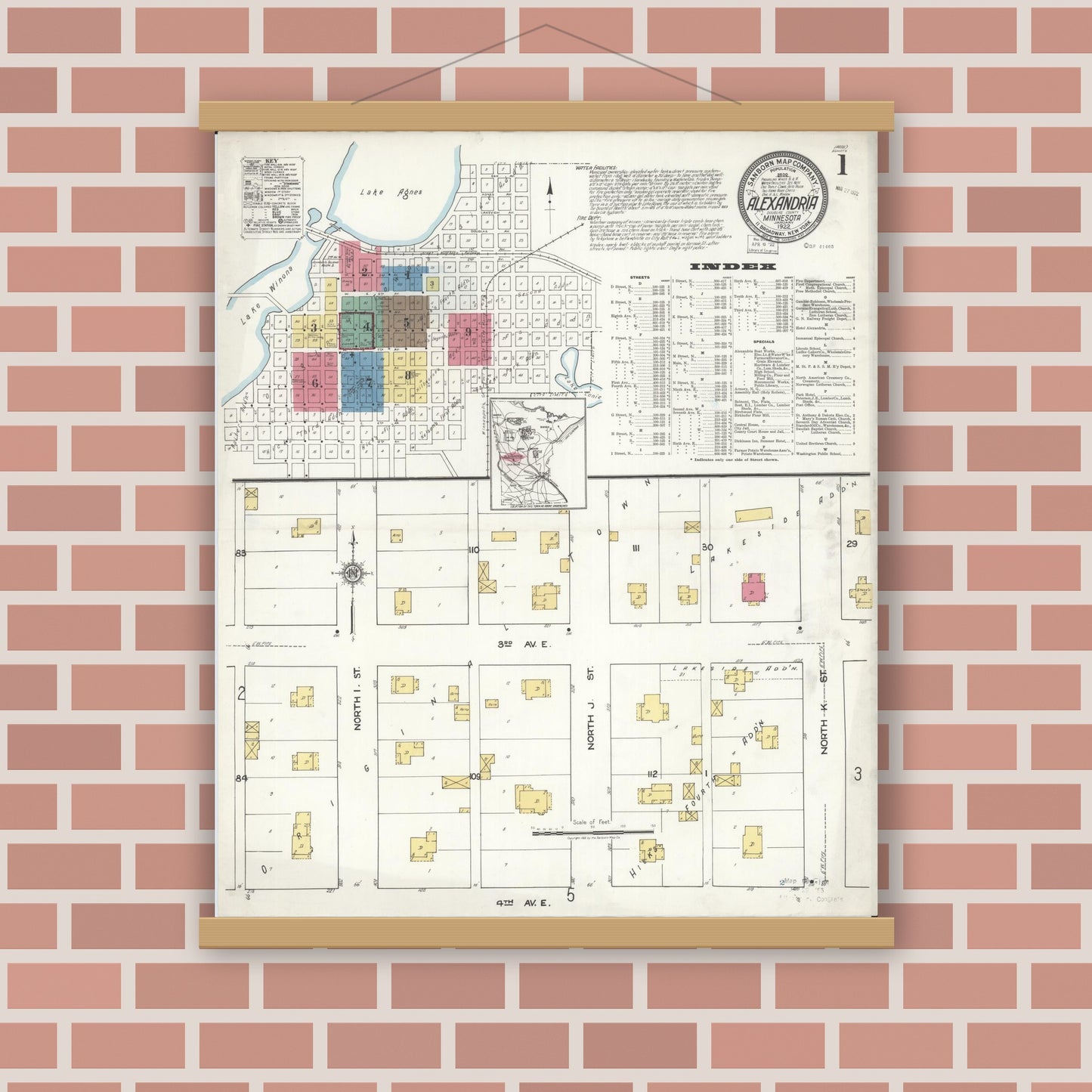 Old map wall art mockup — magnetic wood frame on brick wall — Sanborn Fire Insurance Map from Alexandria, Douglas County, Minnesota (1922), Sheet #0001