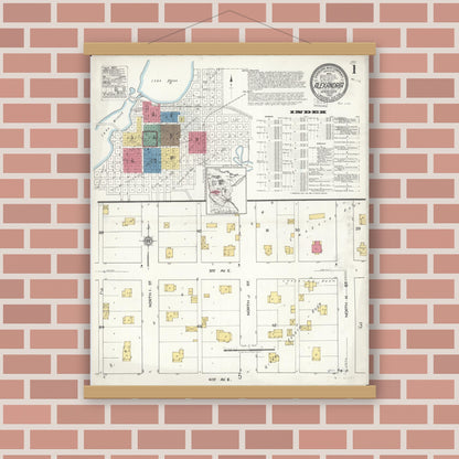 Old map wall art mockup — magnetic wood frame on brick wall — Sanborn Fire Insurance Map from Alexandria, Douglas County, Minnesota (1922), Sheet #0001
