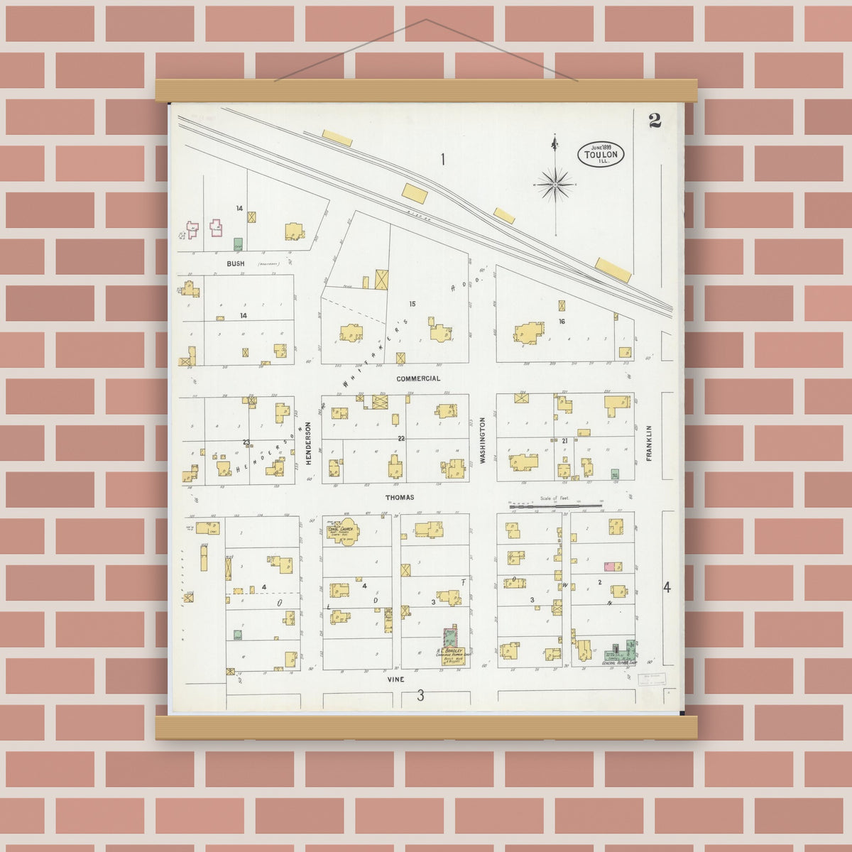 Old map wall art mockup — magnetic wood frame on brick wall — Sanborn Fire Insurance Map from Toulon, Stark County, Illinois (1899), Sheet #0002