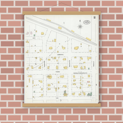 Old map wall art mockup — magnetic wood frame on brick wall — Sanborn Fire Insurance Map from Toulon, Stark County, Illinois (1899), Sheet #0002