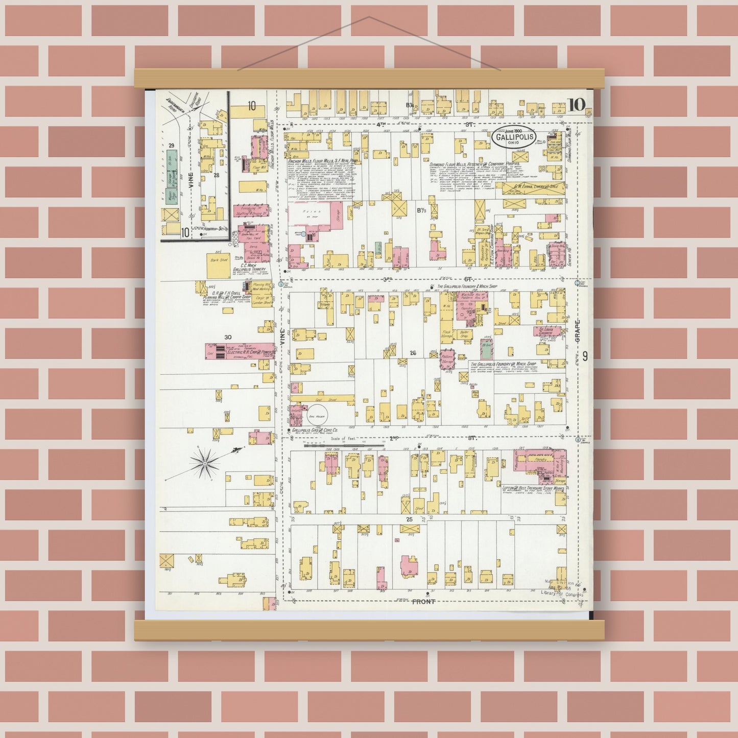 Old map wall art mockup — magnetic wood frame on brick wall — Sanborn Fire Insurance Map from Gallipolis, Gallia County, Ohio (1900), Sheet #0010