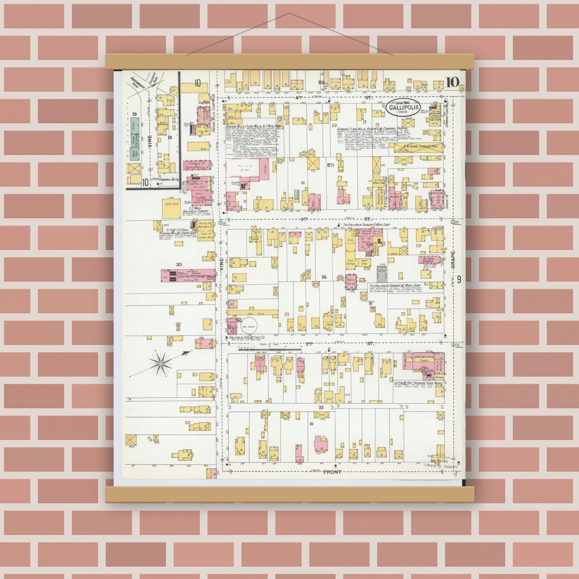 Old map wall art mockup — magnetic wood frame on brick wall — Sanborn Fire Insurance Map from Gallipolis, Gallia County, Ohio (1900), Sheet #0010