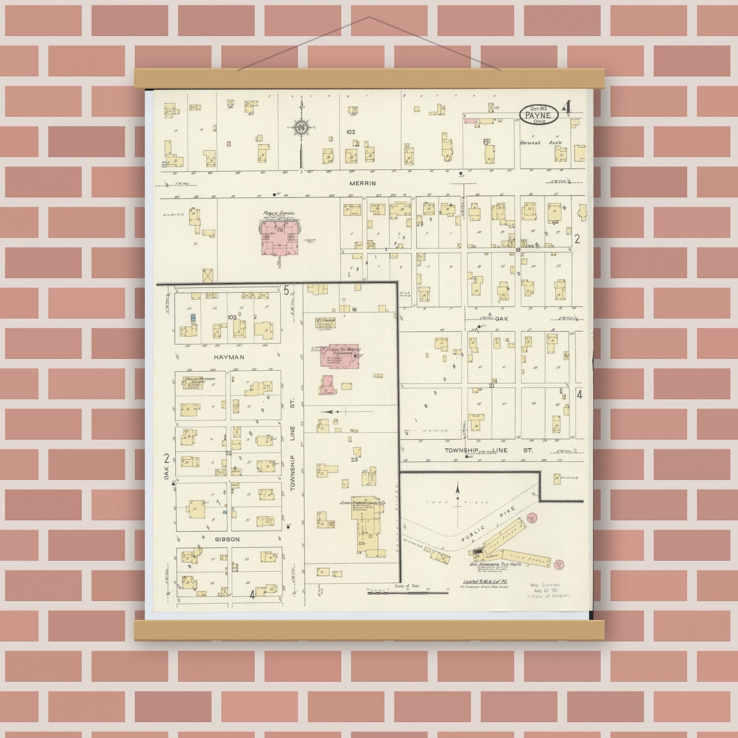 Old map wall art mockup — magnetic wood frame on brick wall — Sanborn Fire Insurance Map from Payne, Paulding County, Ohio (1913), Sheet #0004