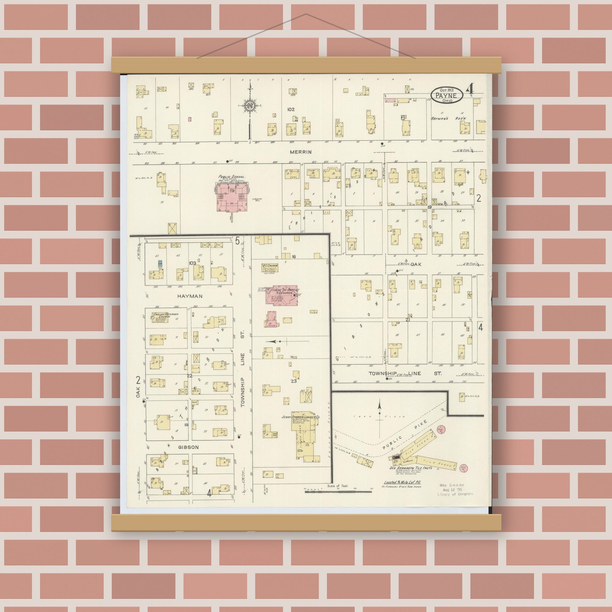 Old map wall art mockup — magnetic wood frame on brick wall — Sanborn Fire Insurance Map from Payne, Paulding County, Ohio (1913), Sheet #0004