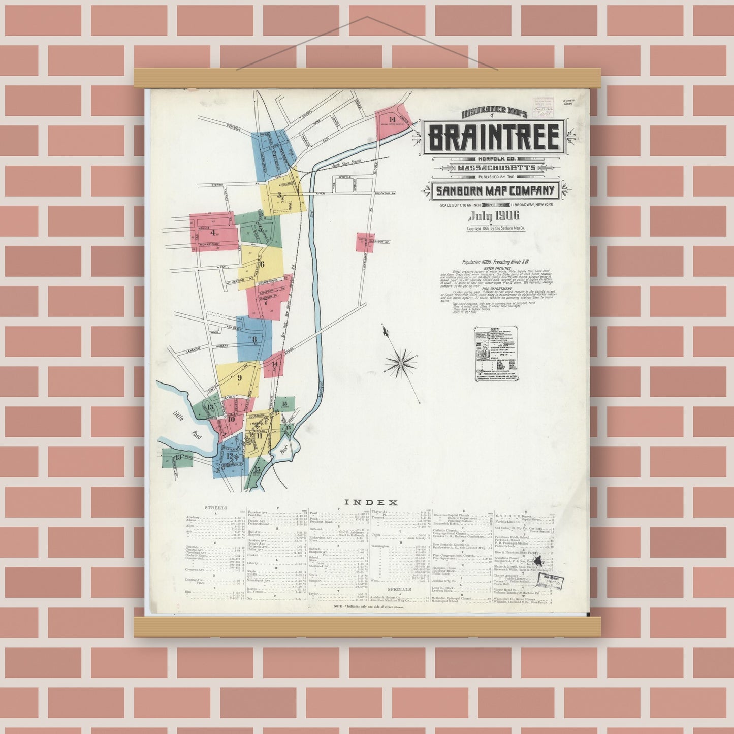 Old map wall art mockup — magnetic wood frame on brick wall — Sanborn Fire Insurance Map from Braintree, Norfolk County, Massachusetts (1906), Sheet #0001