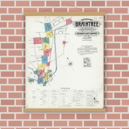 Old map wall art mockup — magnetic wood frame on brick wall — Sanborn Fire Insurance Map from Braintree, Norfolk County, Massachusetts (1906), Sheet #0001