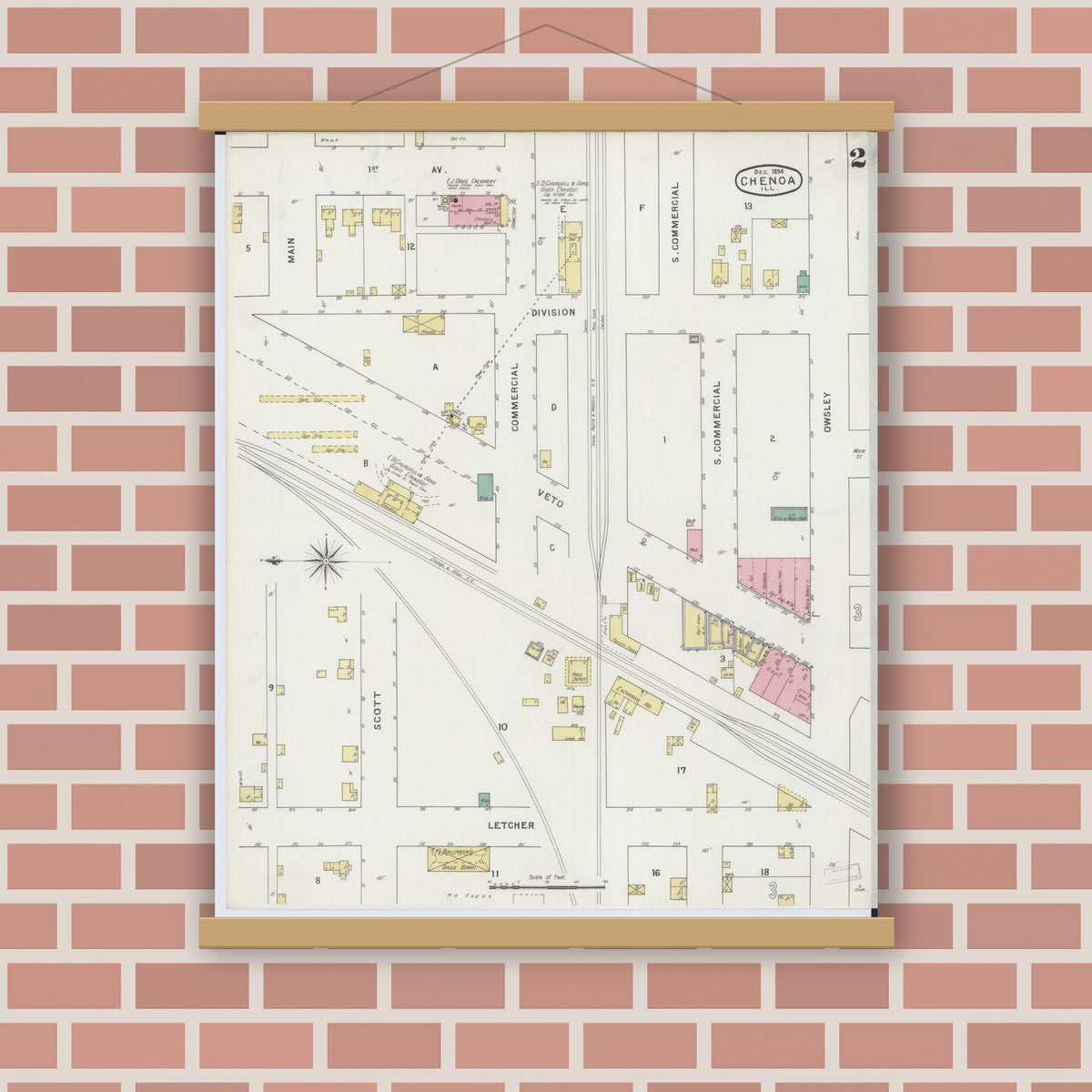 Old map wall art mockup — magnetic wood frame on brick wall — Sanborn Fire Insurance Map from Chenoa, McLean County, Illinois (1894), Sheet #0002