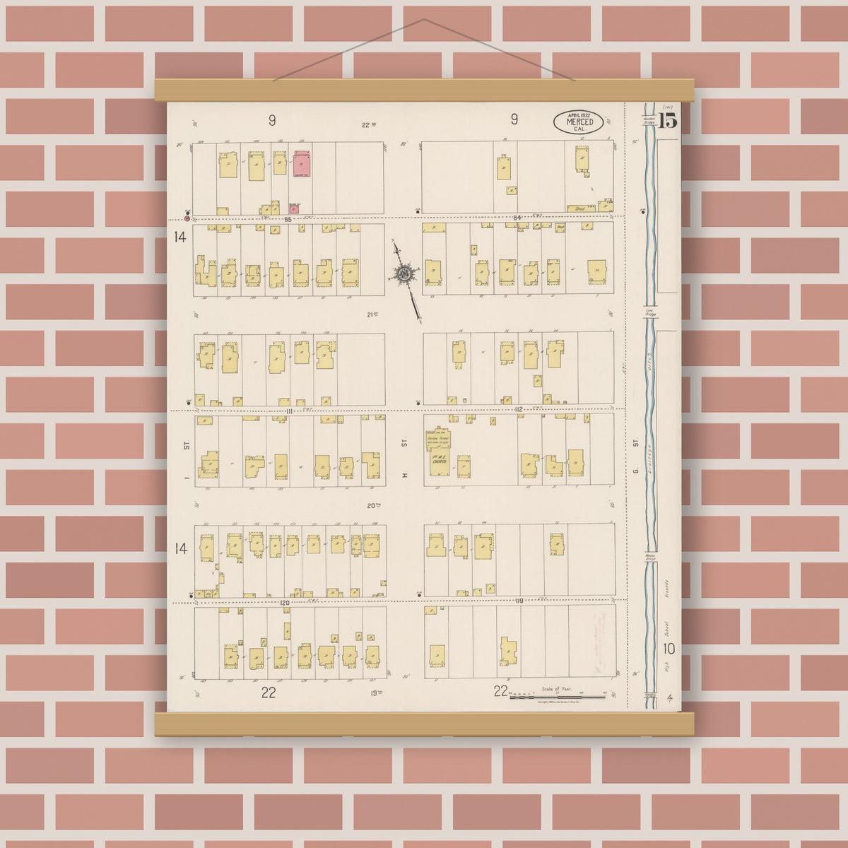 Old map wall art mockup — magnetic wood frame on brick wall — Sanborn Fire Insurance Map from Merced, Merced County, California (1922), Sheet #0015