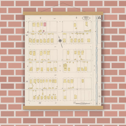 Old map wall art mockup — magnetic wood frame on brick wall — Sanborn Fire Insurance Map from Merced, Merced County, California (1922), Sheet #0015